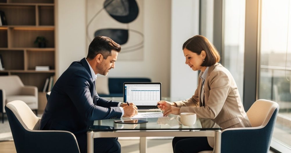 Dirigeant de PME en rendez-vous avec son expert-comptable autour de documents financiers