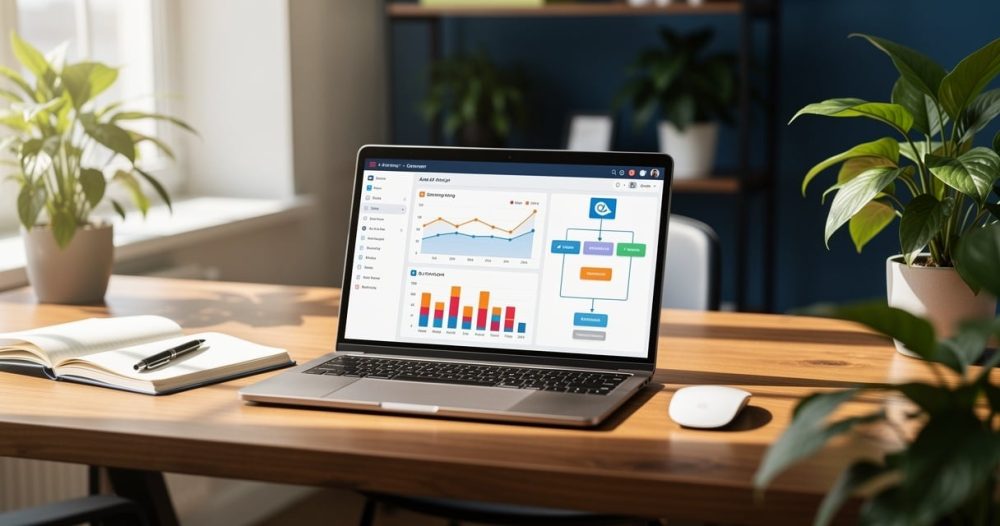 Bureau de PME avec ordinateur portable affichant un tableau de bord marketing automation