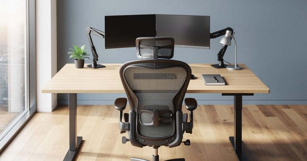 Poste de travail ergonomique avec fauteuil et bureau reglable en hauteur dans un bureau d entreprise moderne