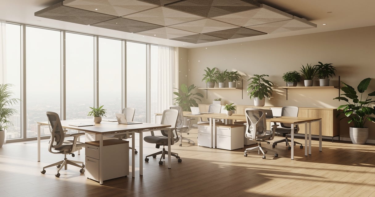 Open space de bureau moderne avec lumière naturelle, plantes vertes et panneaux acoustiques