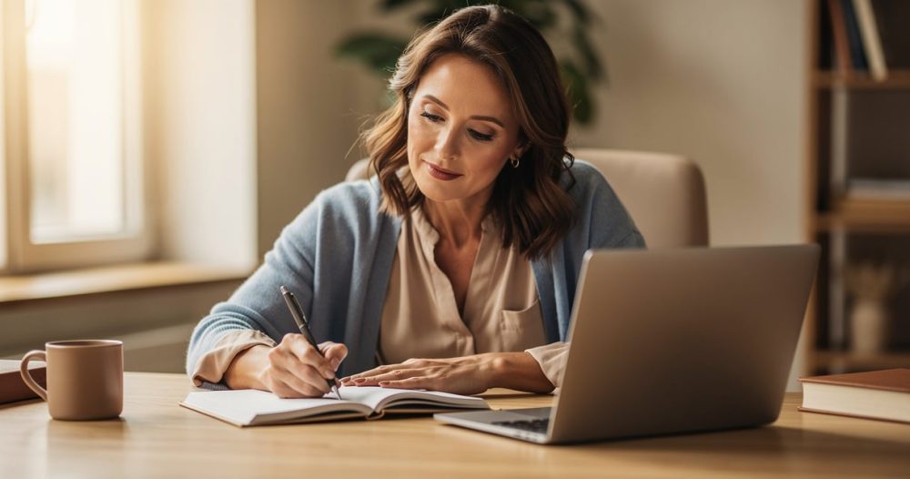 Femme prenant des notes pendant une session de réflexion sur sa carrière professionnelle