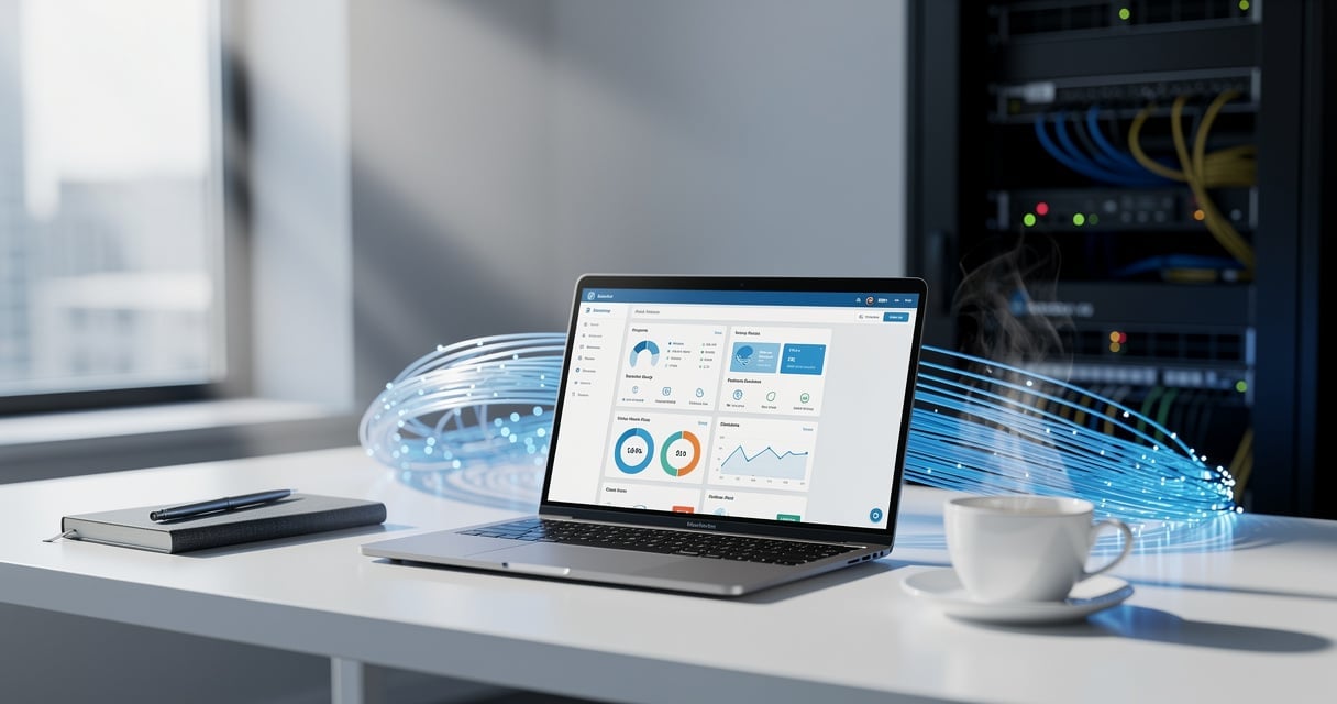 Poste de travail dans une PME utilisant des services cloud avec tableau de bord à l'écran