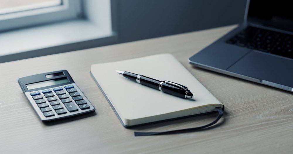 Bureau d'entrepreneur avec documents et calculatrice pour comparer les statuts juridiques d'entreprise