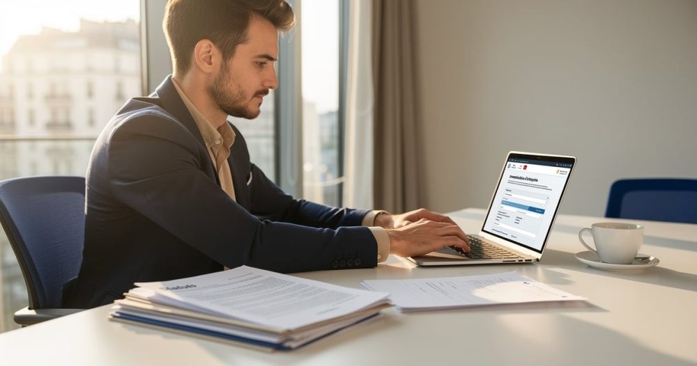Entrepreneur effectuant ses démarches de création d'entreprise en ligne sur ordinateur