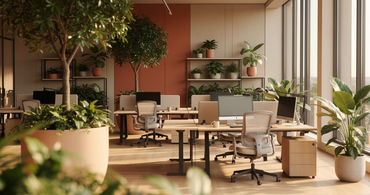 Bureau moderne au design biophilique avec plantes vertes, bois naturel et lumière douce