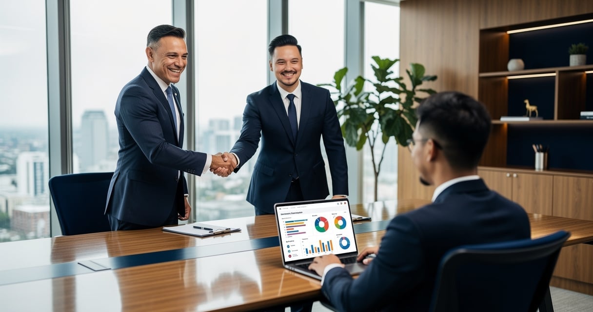Réunion commerciale B2B dans une PME, poignée de main entre dirigeants après négociation