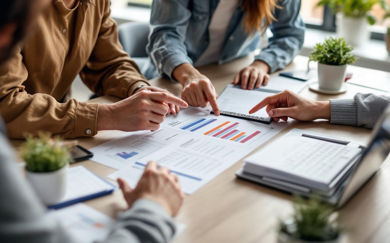 Équipe de startup en réunion budgétaire, préparant un déplacement professionnel avec ordinateur portable, billets d’avion et documents comptables.