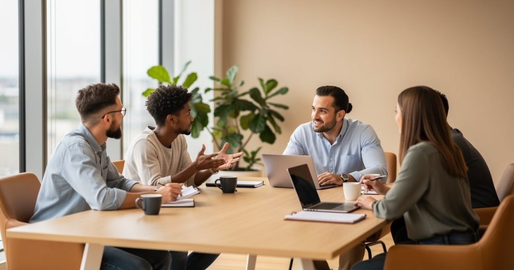 Réunion d'équipe avec un manager bienveillant à l'écoute de ses collaborateurs
