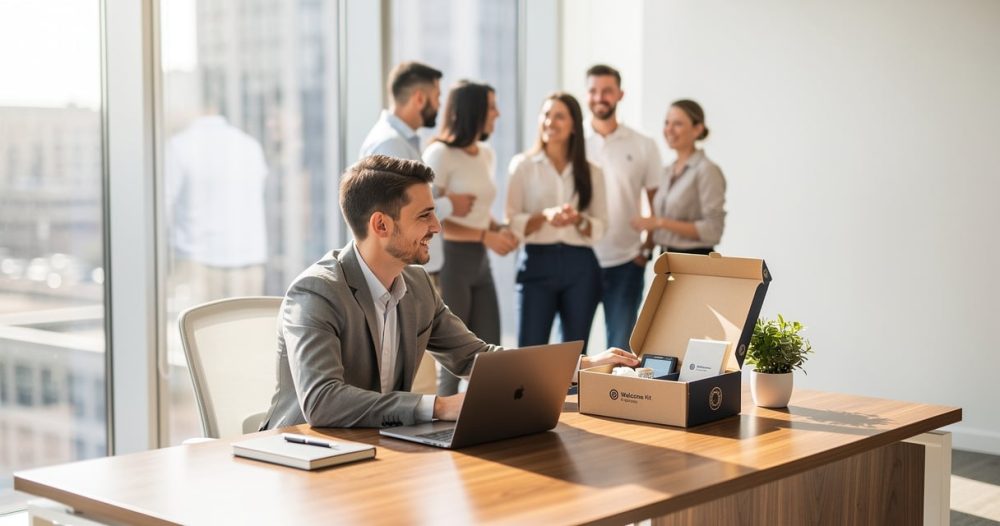 Nouveau salarié accueilli avec un kit de bienvenue dans un bureau lumineux le premier jour