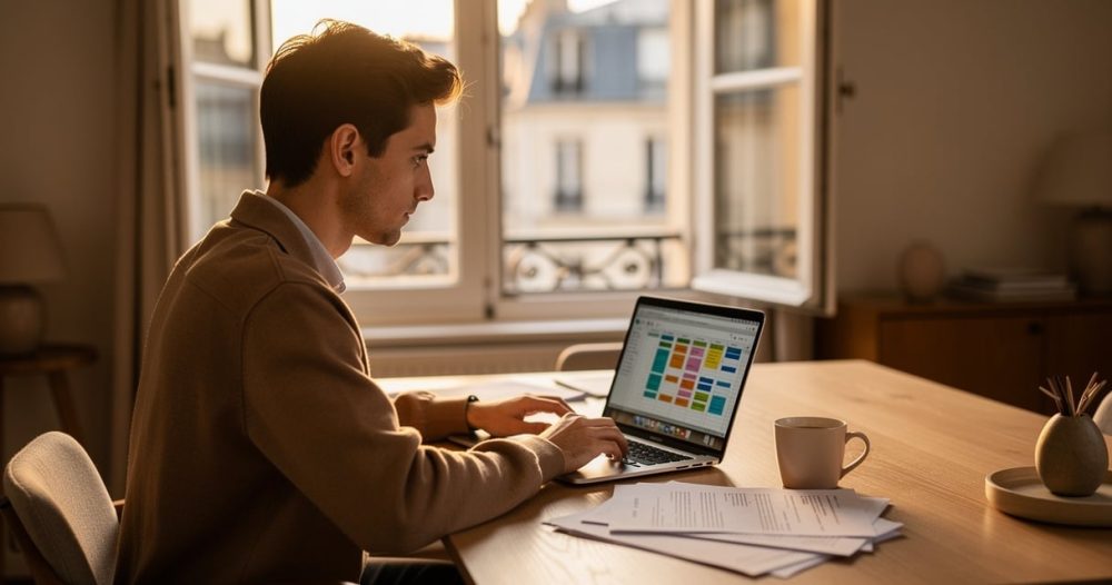 Auto-entrepreneur travaillant à son bureau dans un espace lumineux