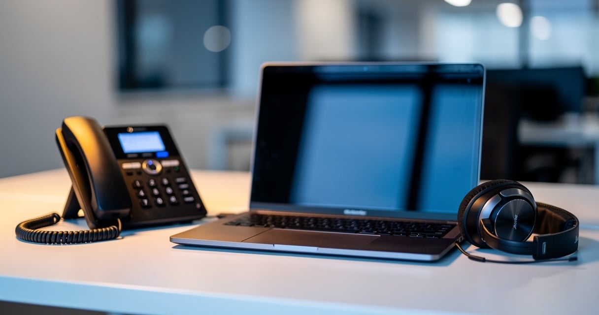 Poste de téléphonie IP sur un bureau d'entreprise avec ordinateur portable et casque