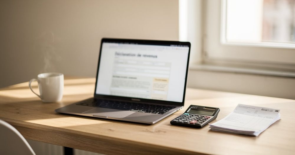 Bureau de freelance avec ordinateur, factures et calculatrice pour la déclaration de TVA