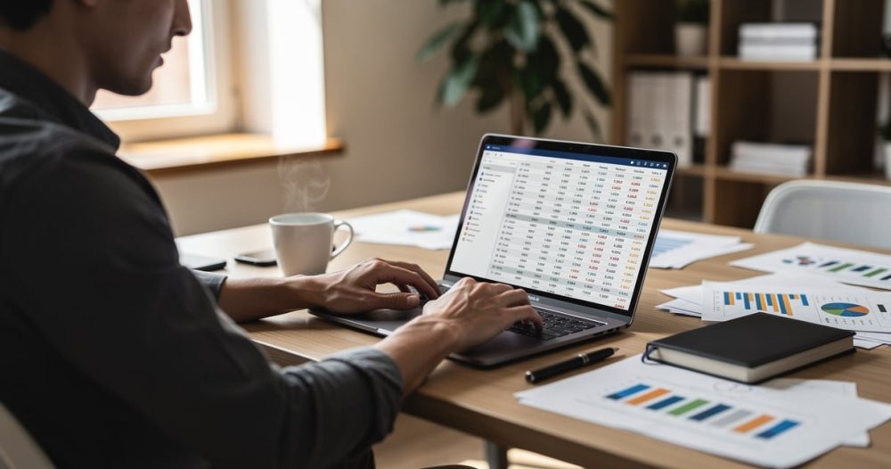 Entrepreneur travaillant sur un business plan startup avec ordinateur et documents financiers sur un bureau