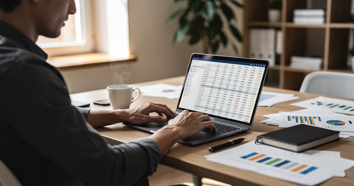 Entrepreneur travaillant sur un business plan startup avec ordinateur et documents financiers sur un bureau