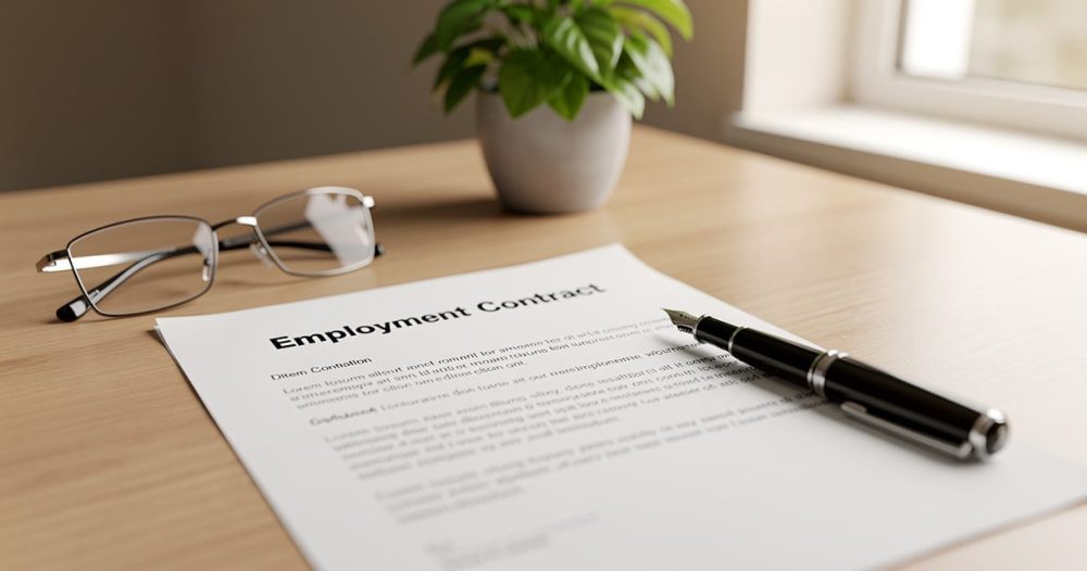 Contrat de travail CDI ouvert sur un bureau avec stylo et lunettes