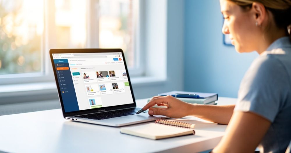 Personne consultant une plateforme de formation en ligne sur son ordinateur