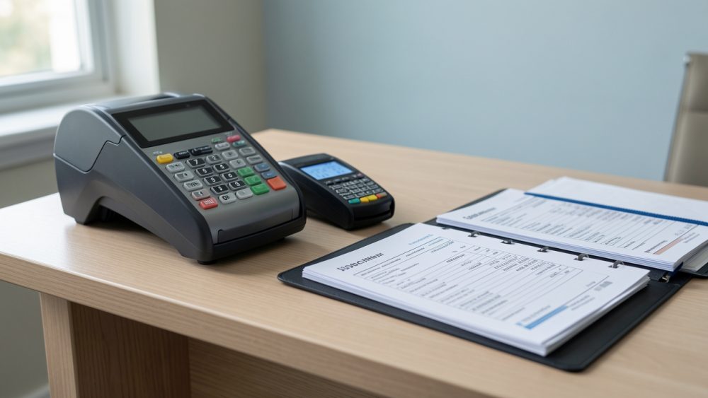Scène éditoriale réaliste d’un bureau de PME avec une caisse, un terminal de paiement par carte et des bulletins de paie rangés, ambiance comptable sobre et professionnelle, éclairage naturel doux.