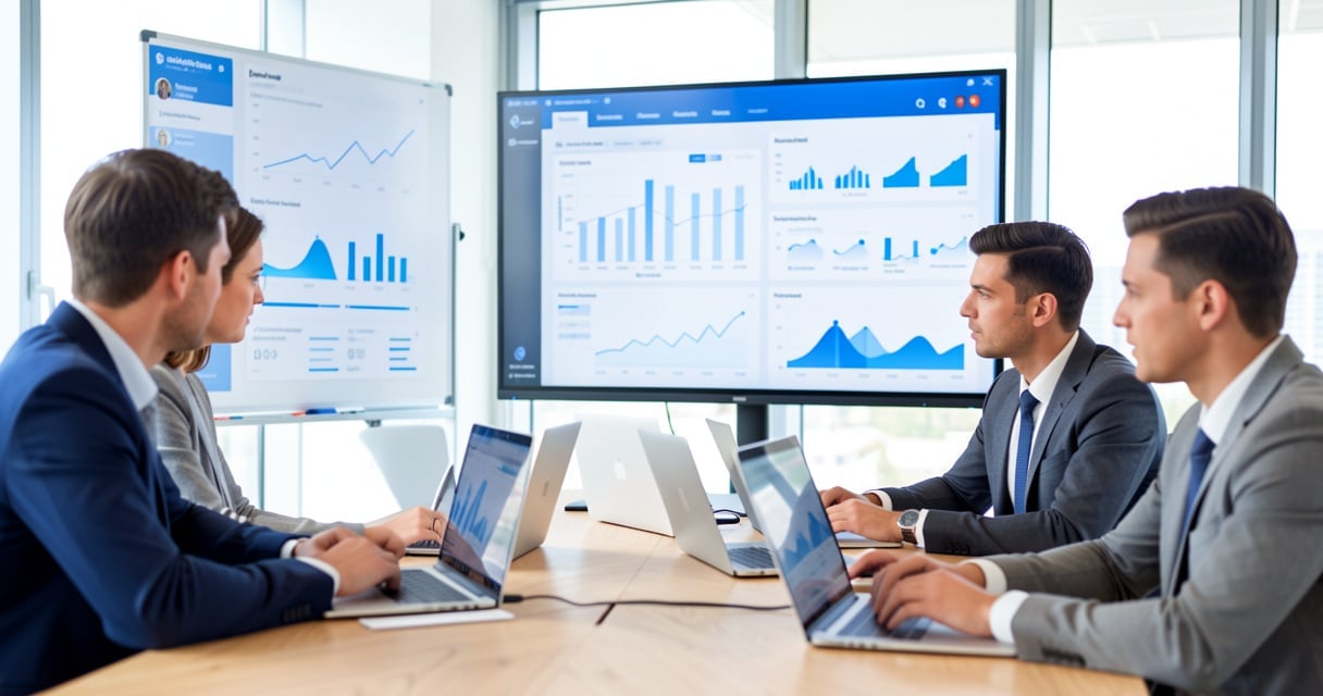 Equipe marketing analysant une strategie reseaux sociaux B2B sur LinkedIn dans un bureau lumineux