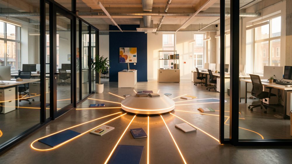 Espace moderne d’une nouvelle agence avec plusieurs chemins lumineux représentant les canaux marketing qui convergent vers l’acquisition des premiers clients.