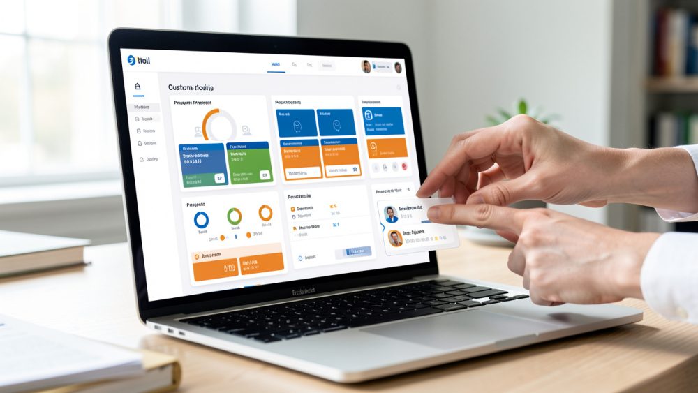 Ordinateur portable affichant un tableau de bord abstrait de CRM avec des prospects classés par niveaux de priorité dans un espace de travail professionnel.