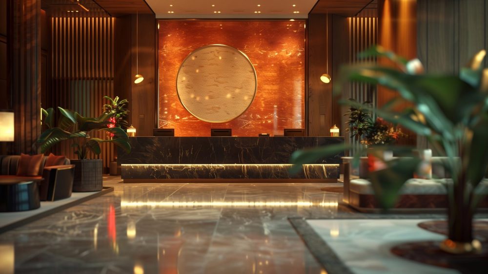 Hall d’hôtel élégant avec espace d’accueil, fauteuils confortables et circulation dégagée.