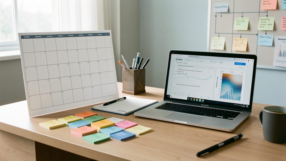 Bureau de cabinet de conseil organisé autour d’un calendrier mensuel vierge, de cartes colorées et d’un ordinateur affichant des graphiques abstraits, illustrant une planification efficace de la génération de prospects.
