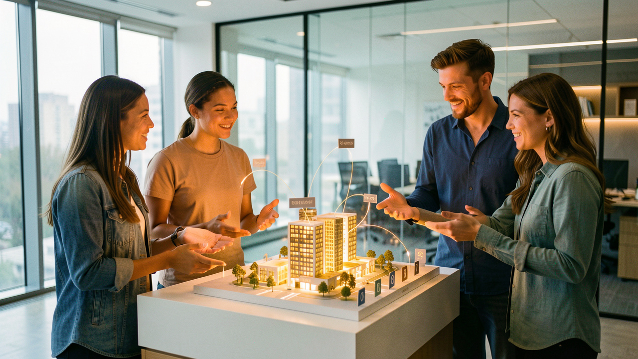 Une équipe de startup présente une maquette lumineuse illustrant la transformation d’un financement en preuve de valeur.