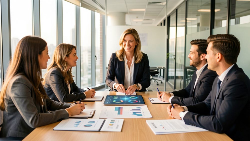 Une dirigeante de PME française anime une réunion avec son comité de direction devant un tableau de bord d’analyse par intelligence artificielle et des documents de stratégie.